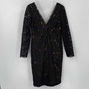 Vera Wang Dress black lace cocktail shift sheath long sleeve back front V 10